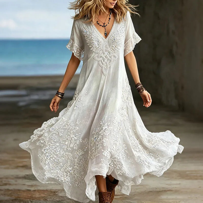 Women's Vintage Romantic White Floral And Wings Art Linen Blend V Neck Maxi Dress