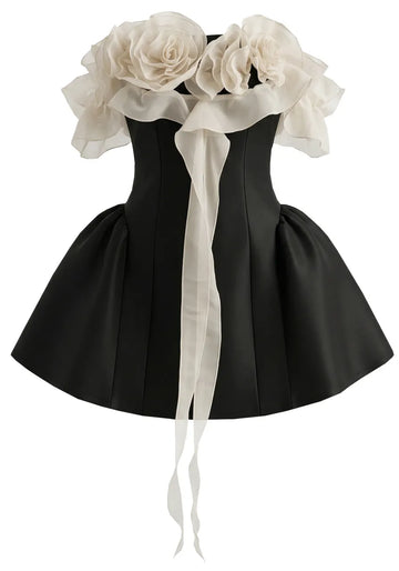 Floral Ruffle Bardot A Line Dress Black Ivory