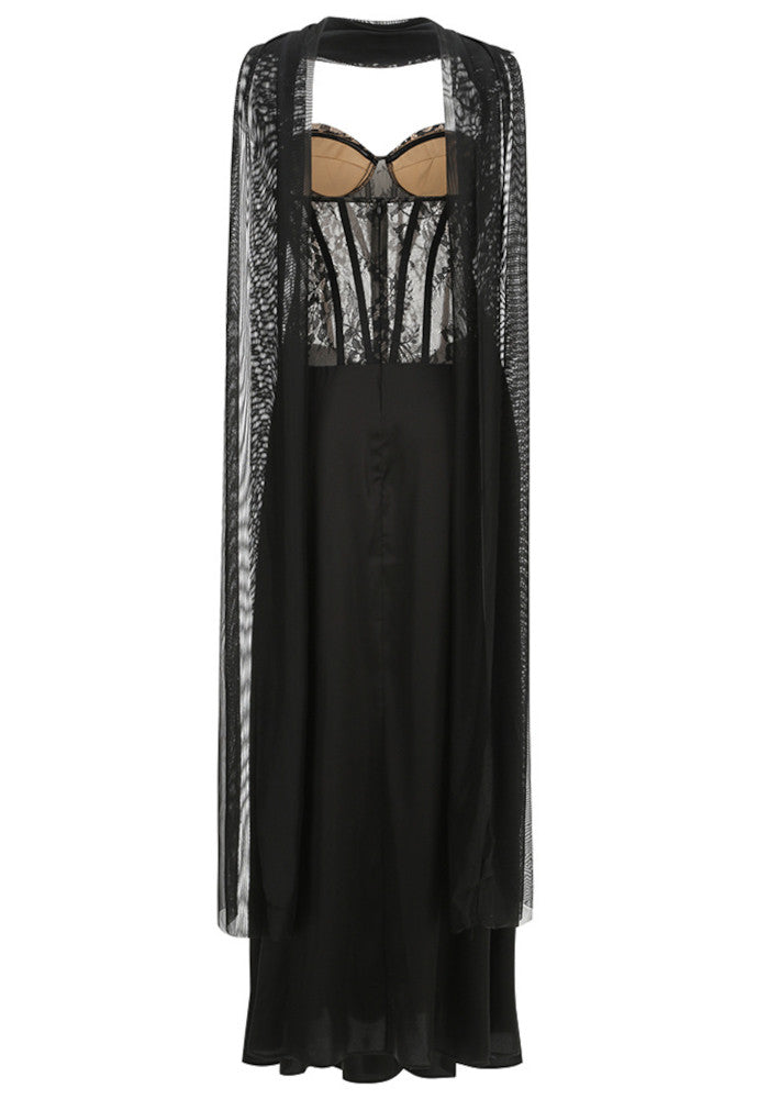 Strapless Lace Bustier A Line Maxi Dress Black