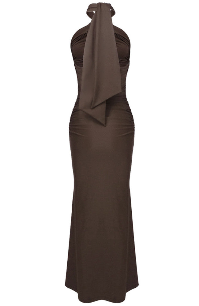Halter Ruched Maxi Dress Brown