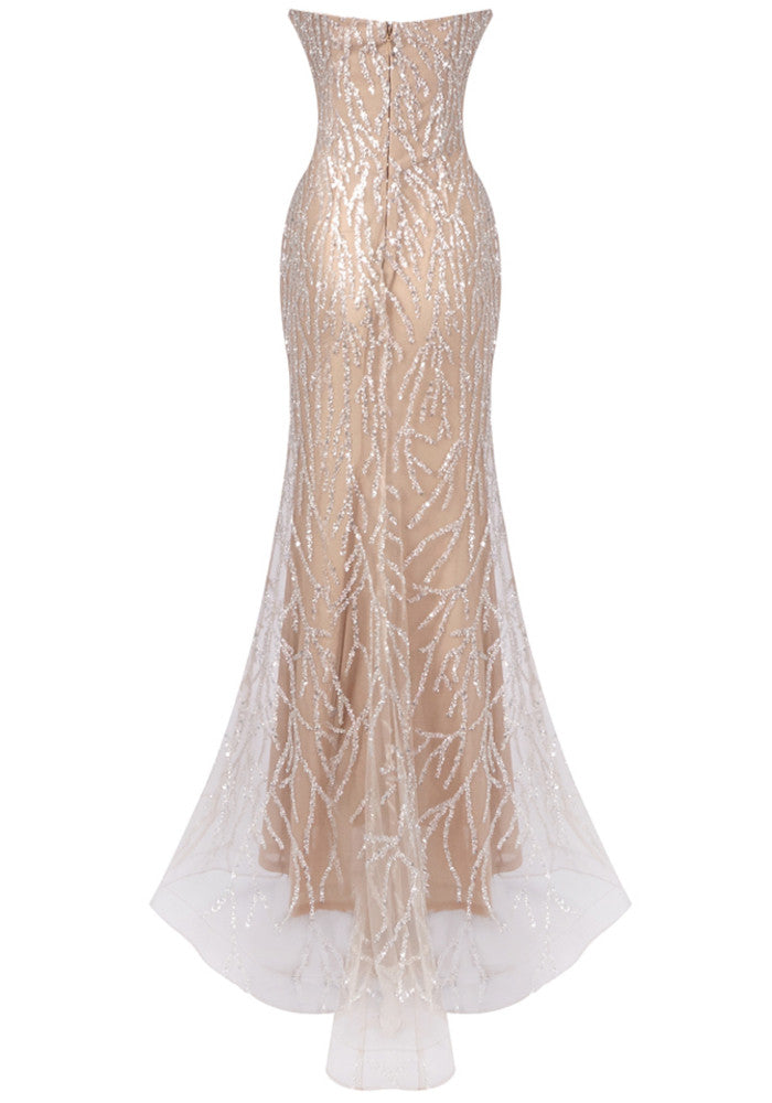 Strapless Crystal Pearl Sequin Maxi Dress Nude