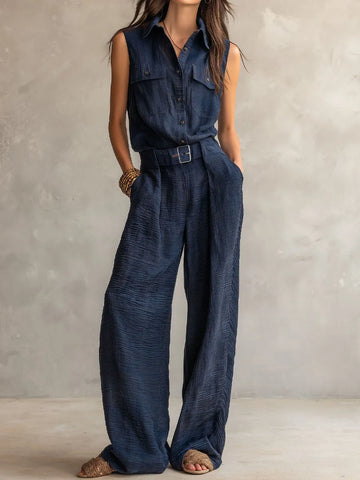 Boho Midnight Slate Texture Belted Utility Jumpsuit