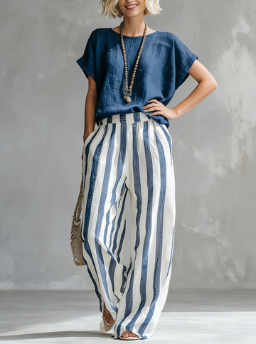 Cozy Loose-fit Striped Faux Cotton-linen Two-piece Set