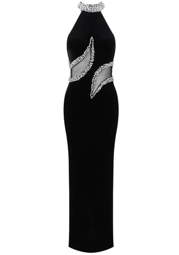 Halter Crystal Maxi Velvet Dress Black