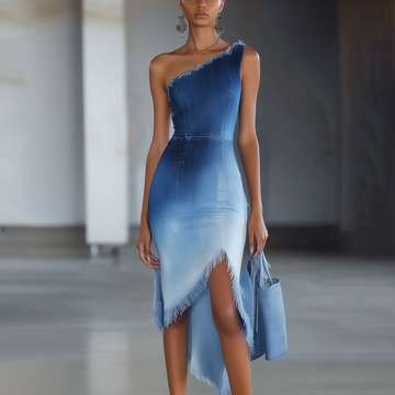 Shipping One Shoulder With Irregular Bottom Denim Midi Dress