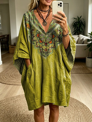 Women's Bohemian Green Ethnic Floral Art Print Casual Fashion Batwing Sleeve Dress