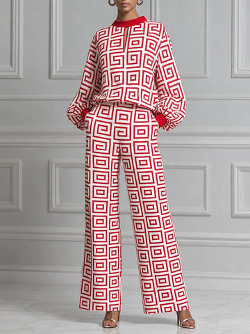 Red Geometric Print Pullover & Wide Leg Pants Set