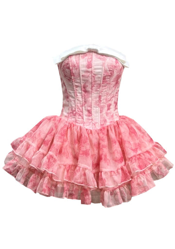 Strapless Floral Bow Ruffle Three Piece Dress Pink