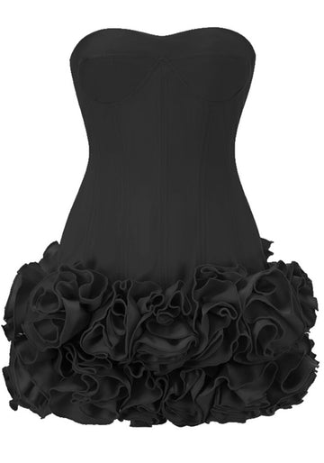 Strapless Corset Floral Ruffle Dress Black
