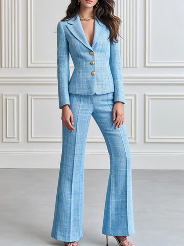 Tweed Blazer And Flare Pants Two Piece Formal Suit Set