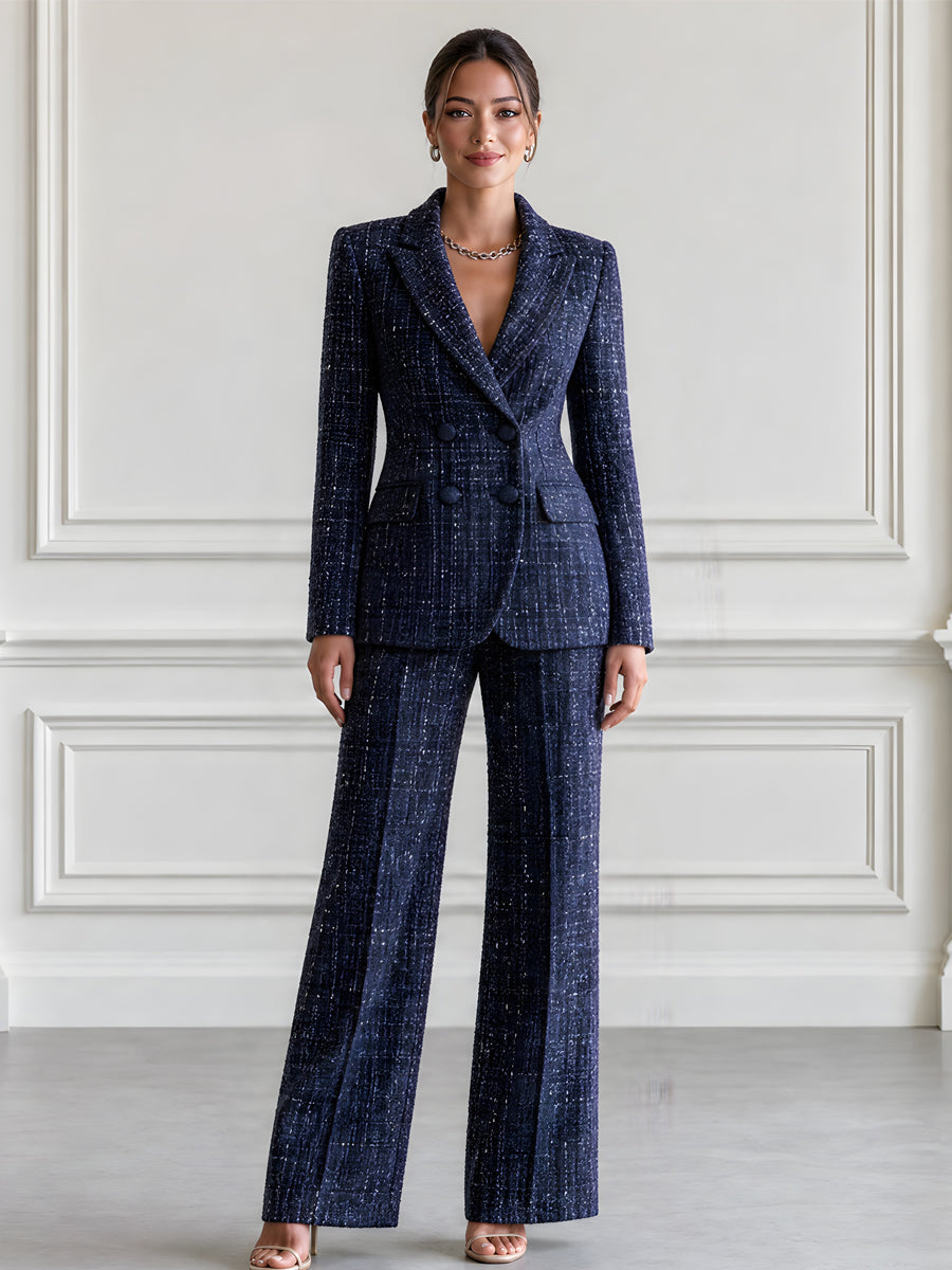 Flecked Tweed Double Breasted Blazer & Wide Leg Pants Suit