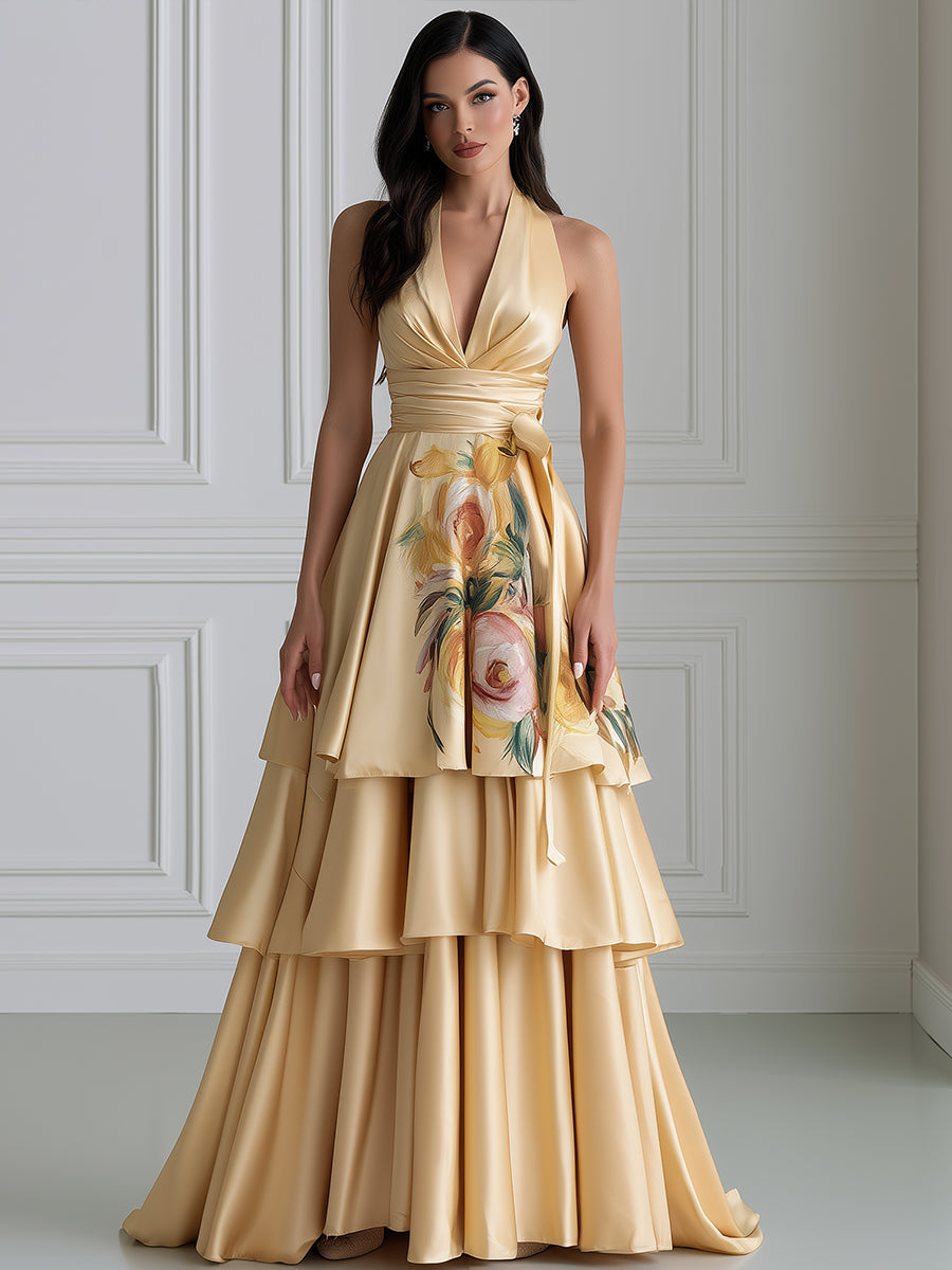 Floral Tiered Halter Satin Evening Gown