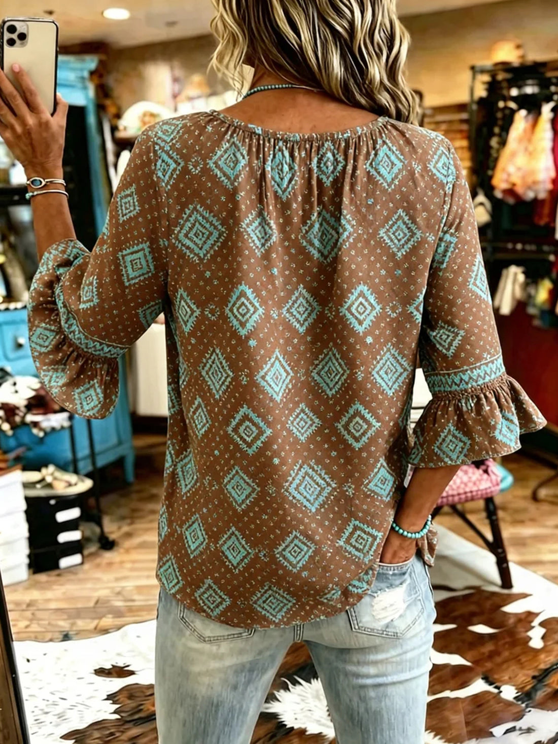 Women's Vintage Aztec Print Patchwork Chiffon Casual Shirt