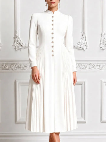 Ivory Stand Collar Gold Button Pleated A-Line Midi Dress
