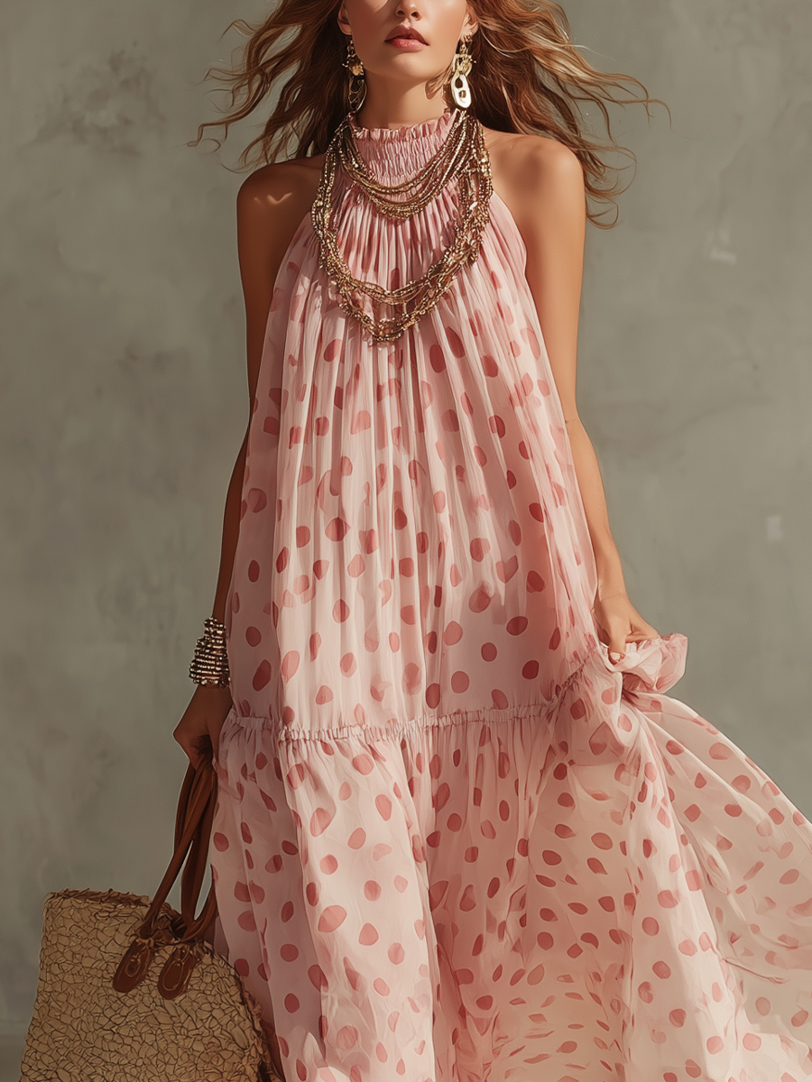 Resort Style Pink Polka Dot Halter Neck Flowy Maxi Dress