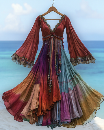 Elegant contrast color vacation rainbow maxi dress f291