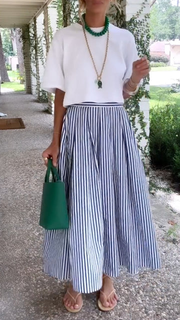 White Crop Tee & Striped Midi Skirt Outfit Two Piece Set