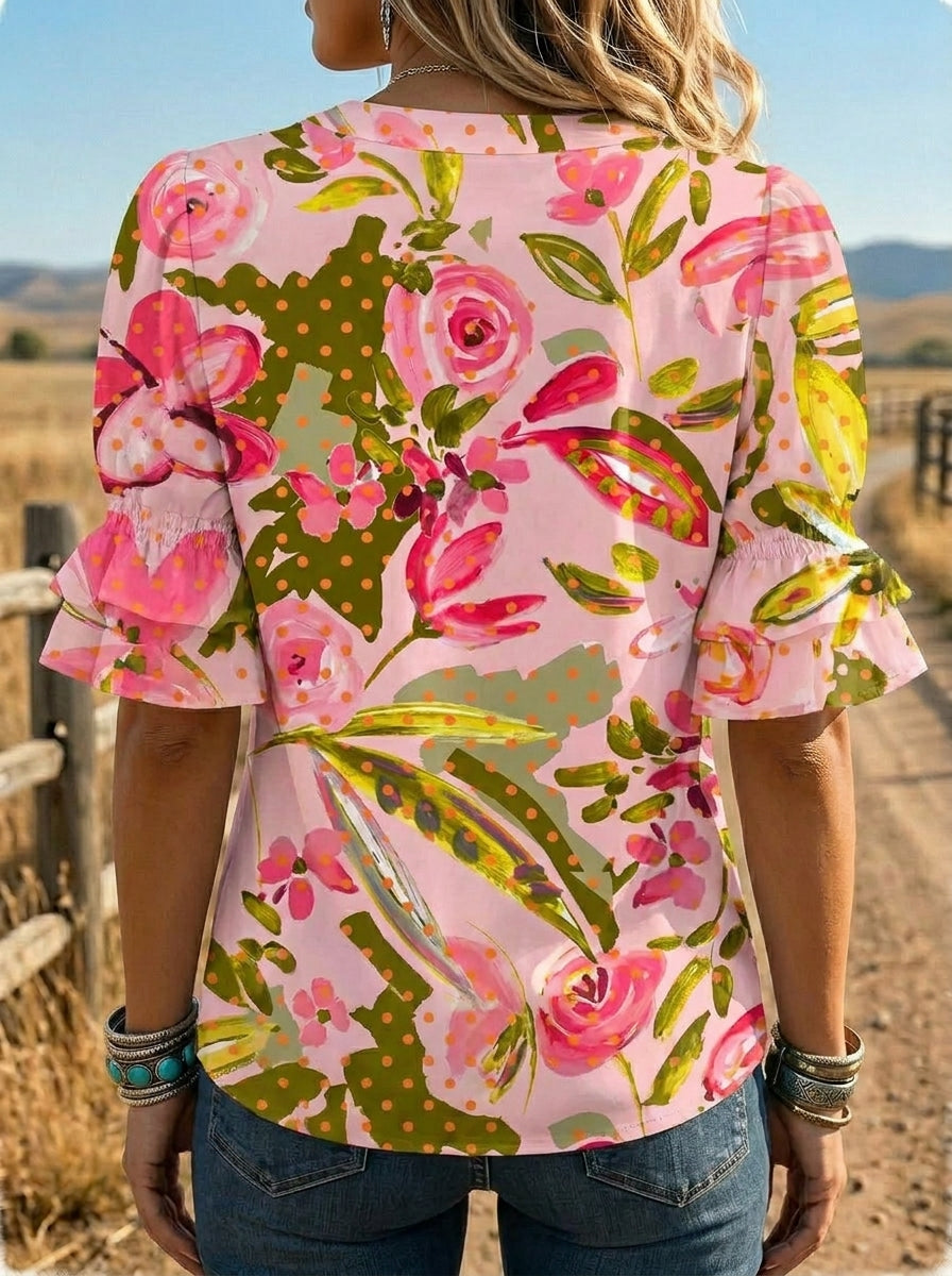 Women's Retro Floral Art Puff Sleeve Casual Shirt