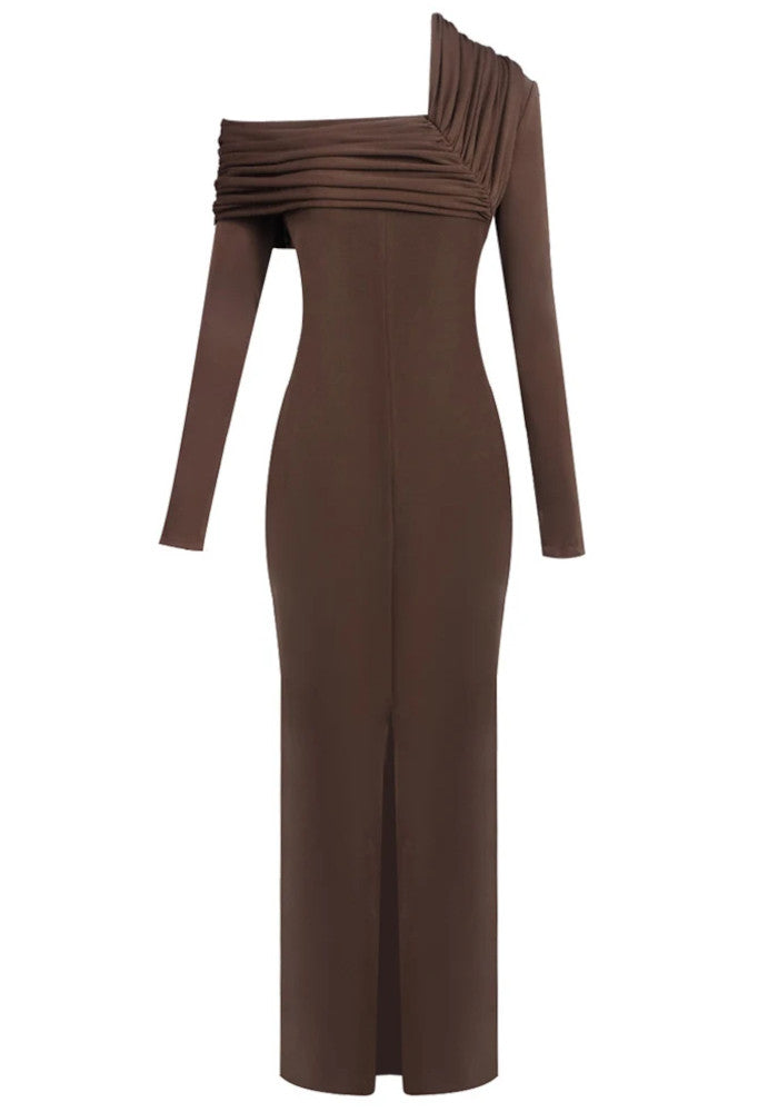 Long Sleeve Draped Detail Maxi Dress Brown