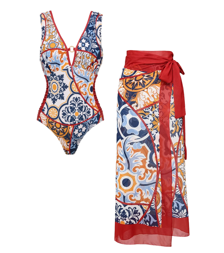 V Nack Printed One Piece Swimsuit and Sarong Flaxmaker