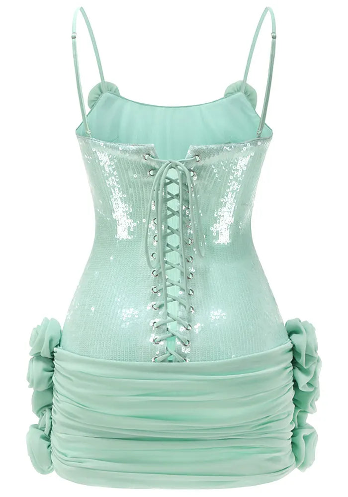 Sequin Floral Draped Corset Dress Green