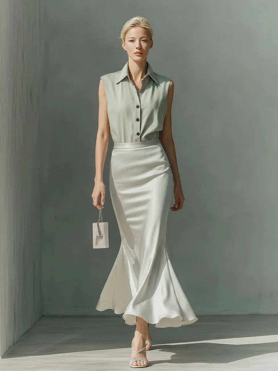 Women’s Sage Green Sleeveless Collared Shirt & Ivory Satin Mermaid Midi Skirt Two-Piece Set MDZ2812D0T