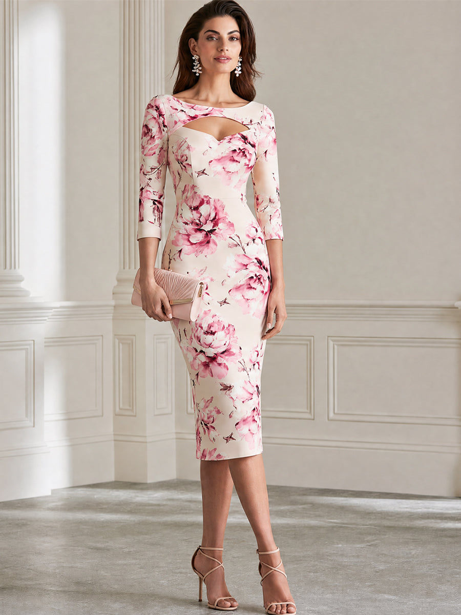 Elegant Pink Floral Cutout Neckline Bodycon Midi Dress