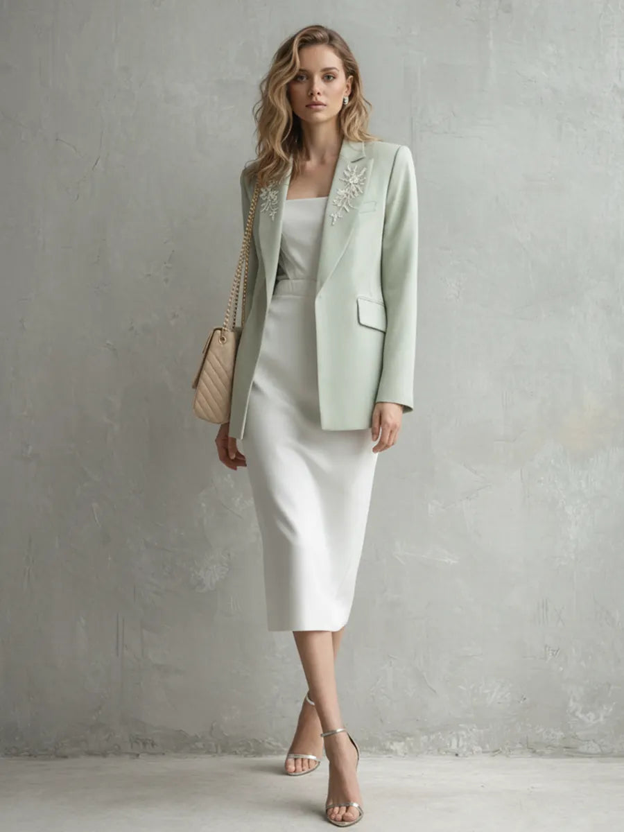 Women's Commuter Light Mint Green Cotton-Blend Embroidered Long Blazer MDZ2076D7GMJ
