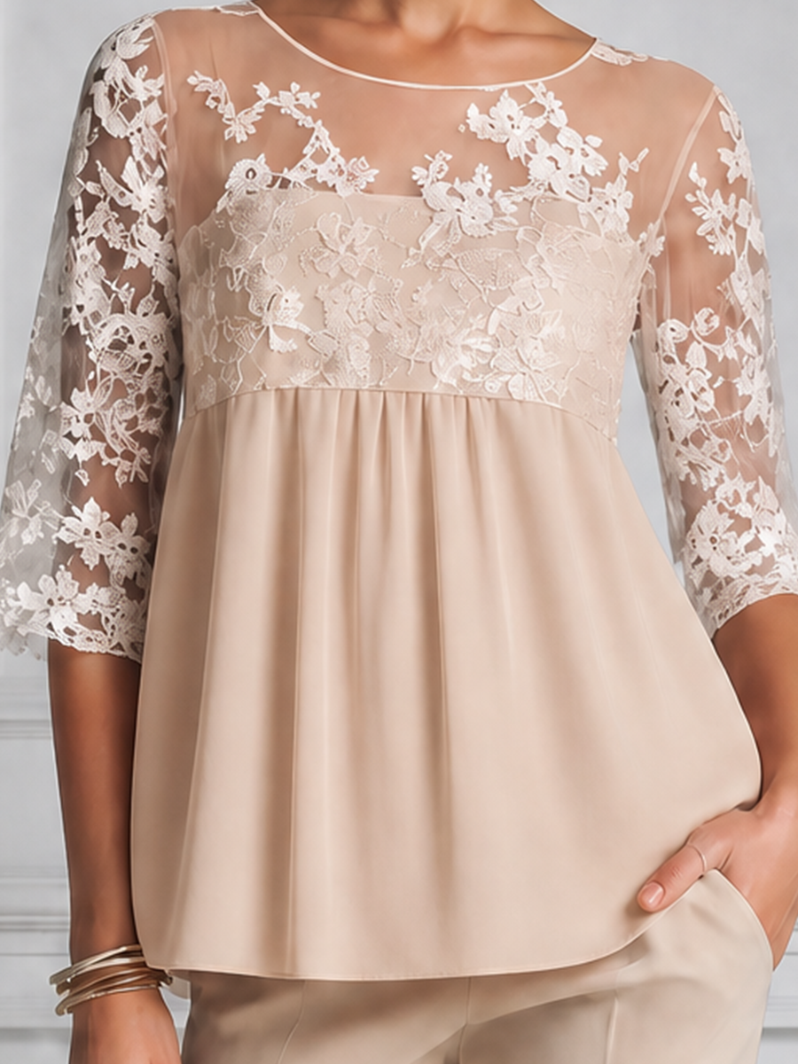 Ivory Lace Chiffon Empire Waist Blouse