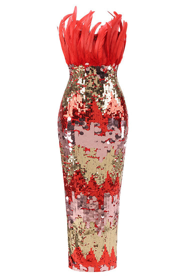 Strapless Feather Sequin Maxi Dress Red Gold