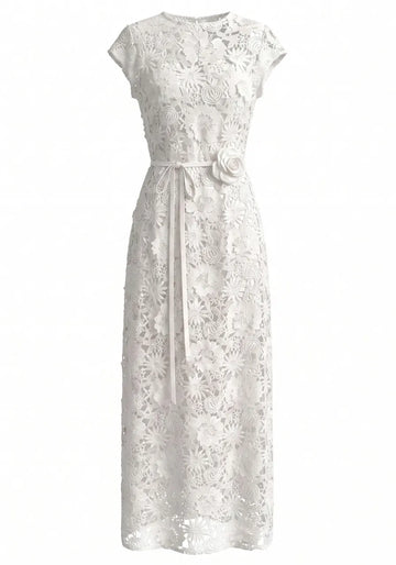 Floral Detail Crochet Maxi Dress White