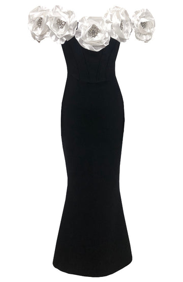Crystal Detail Floral Bardot Maxi Dress Black White