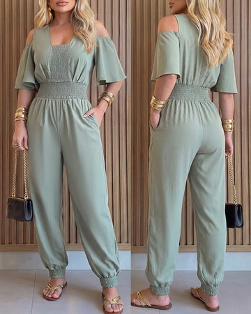 Women's Cold Shoulder Jumpsuit Casual High Waist Shirred Cuffed Overalls with Pockets