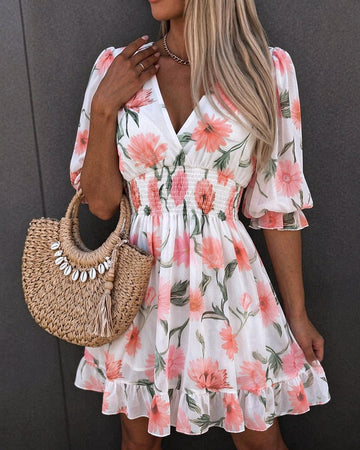 Floral Print Overlap Deep V-Neck Half Sleeve Shirred Waist A Line Dress Casual Flared Cuffs Ruffle Hem Chiffon Dress
