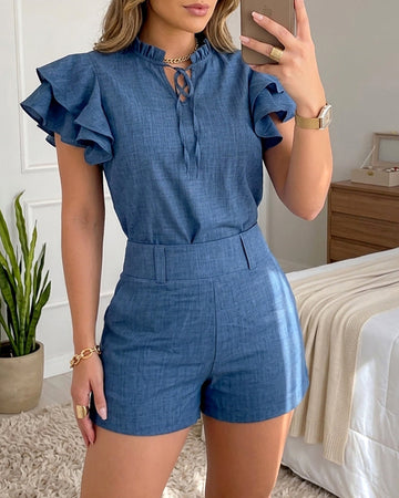 Women's Denim Look Two Piece Set Ruffle Short Sleeve Tie Neck Top and High Waist Shorts Casual Matching Set