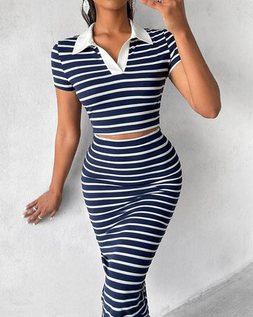 Women's Striped 2 Piece Knit Outfits Crop Polo Top and High Waisted Maxi Skirt Set Casual Matching Set