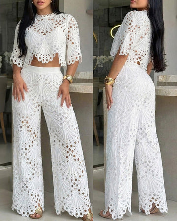Women's 2-Piece Lace Matching Set Elegant Stand Collar Hollow Out Crop Top and High Waisted Straight Leg Pants Suit with Lining