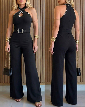 Rhinestone Decor Criss Cross Halter Sleeveless Hollow Water Drop Front Overalls Elegant High Waist Zipper Back Jumpsuit with Rhinestone Decor Belt