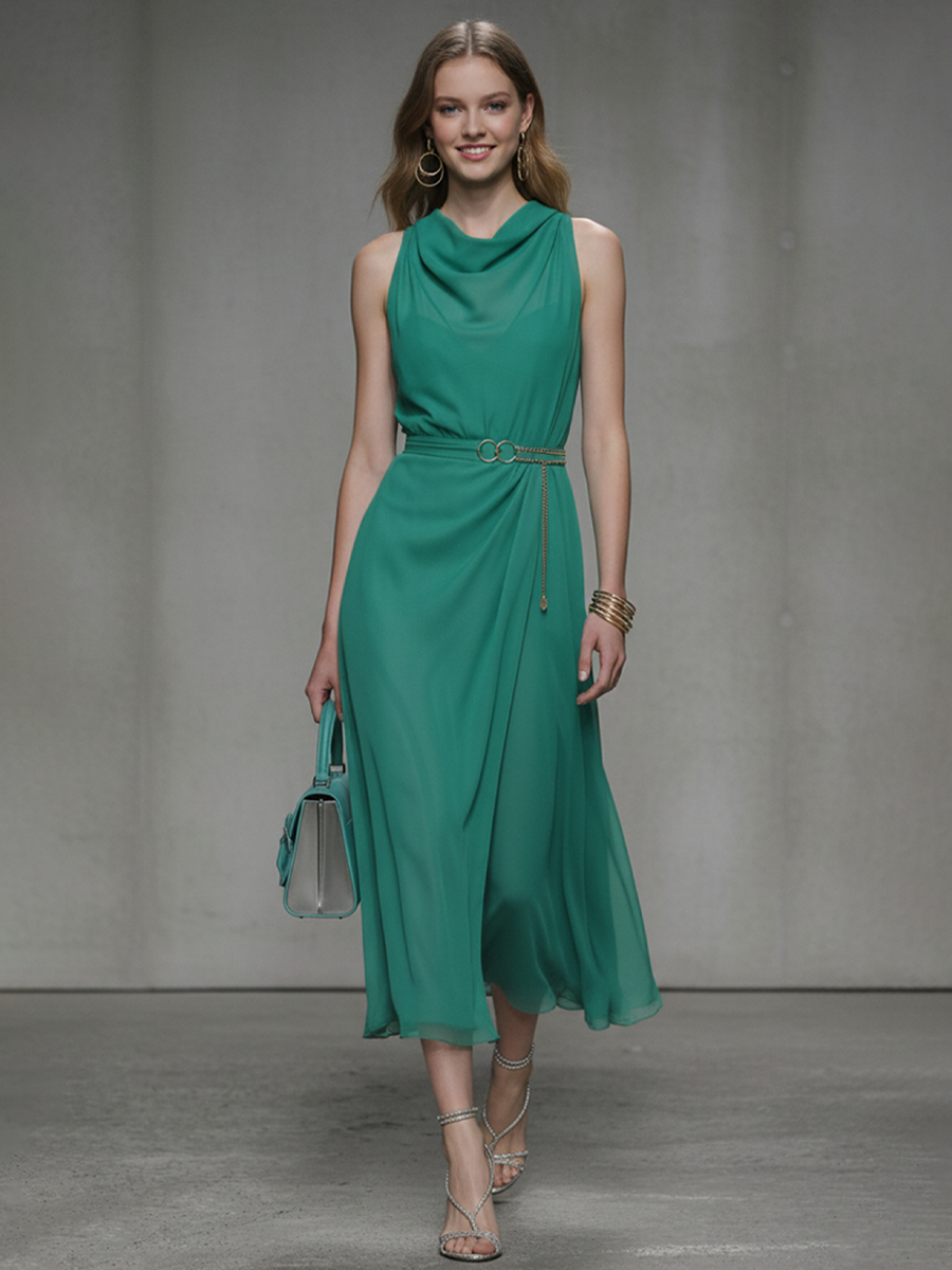 Women's Fashion Emerald Green Chiffon Sleeveless Midi Dress (Belt Not Included) MDZ2206D6GMJ