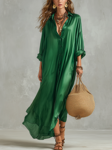 Stylish Green Flowy Shirt Dress
