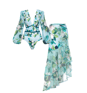 Long-sleeved Mangnolia Print One Piece Swimsuit and Skirt