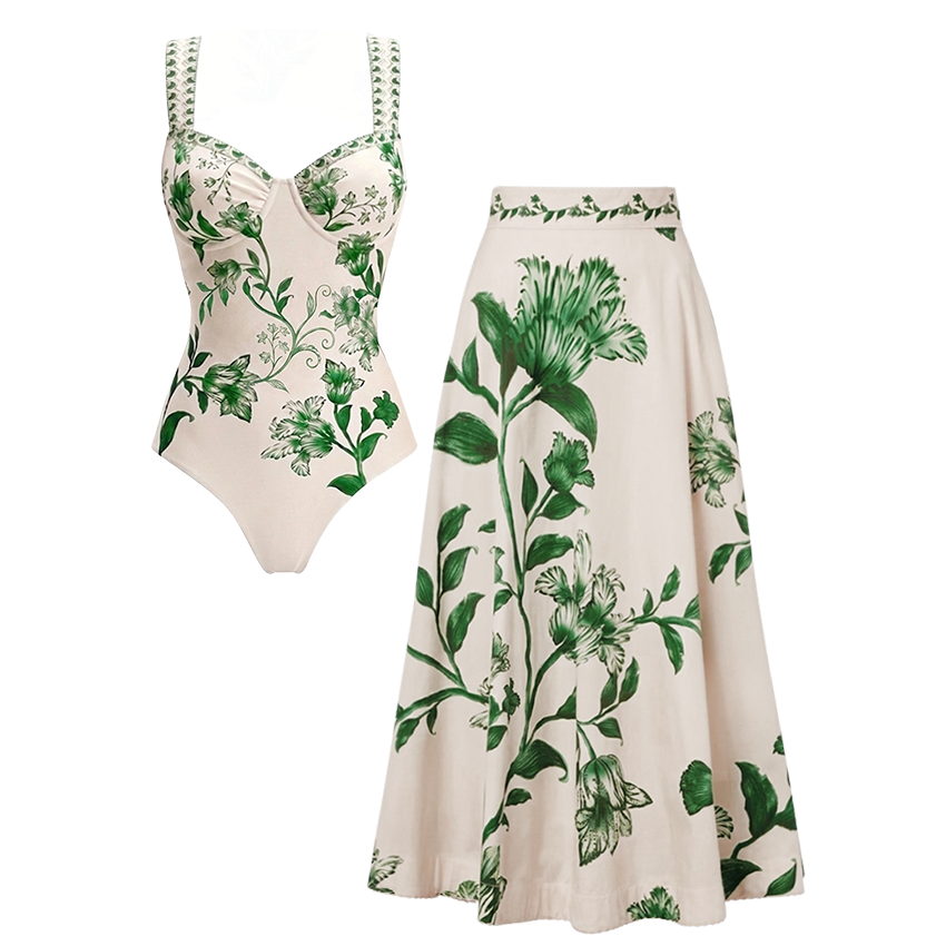 Adjustable Straps Green Floral Print Swimsuit Set(s)