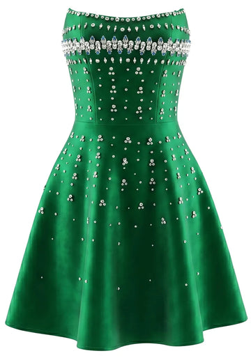 Strapless Crystal Embellished A Line Dress Green