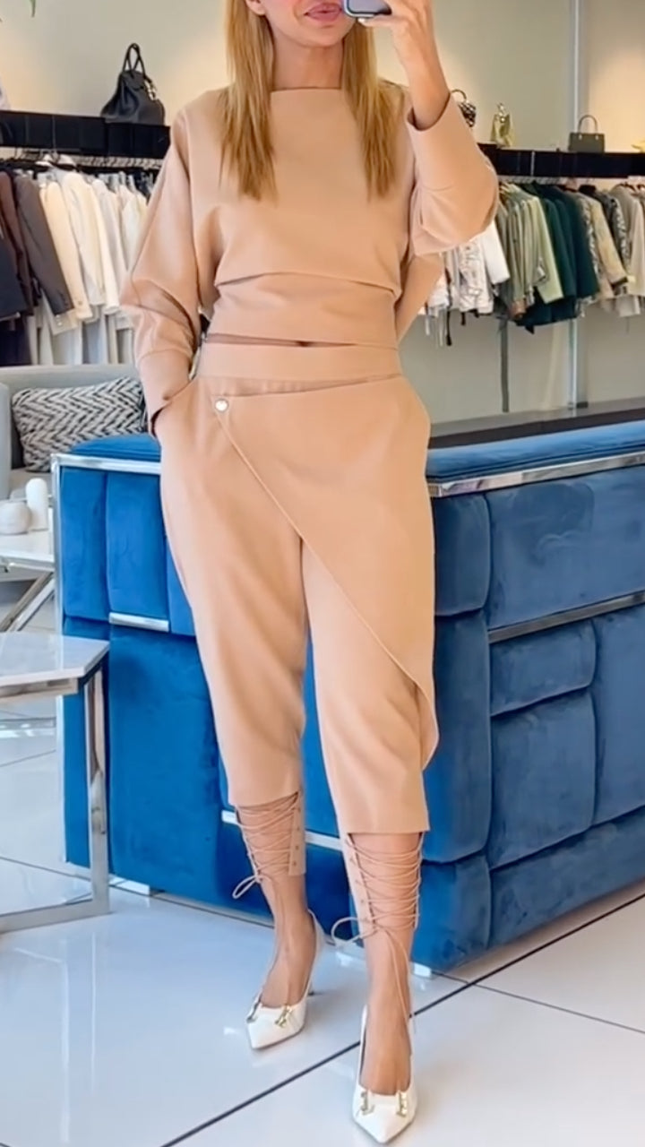 Nude  Crop Top & Asymmetrical Cropped Trouser 2 Piece Set