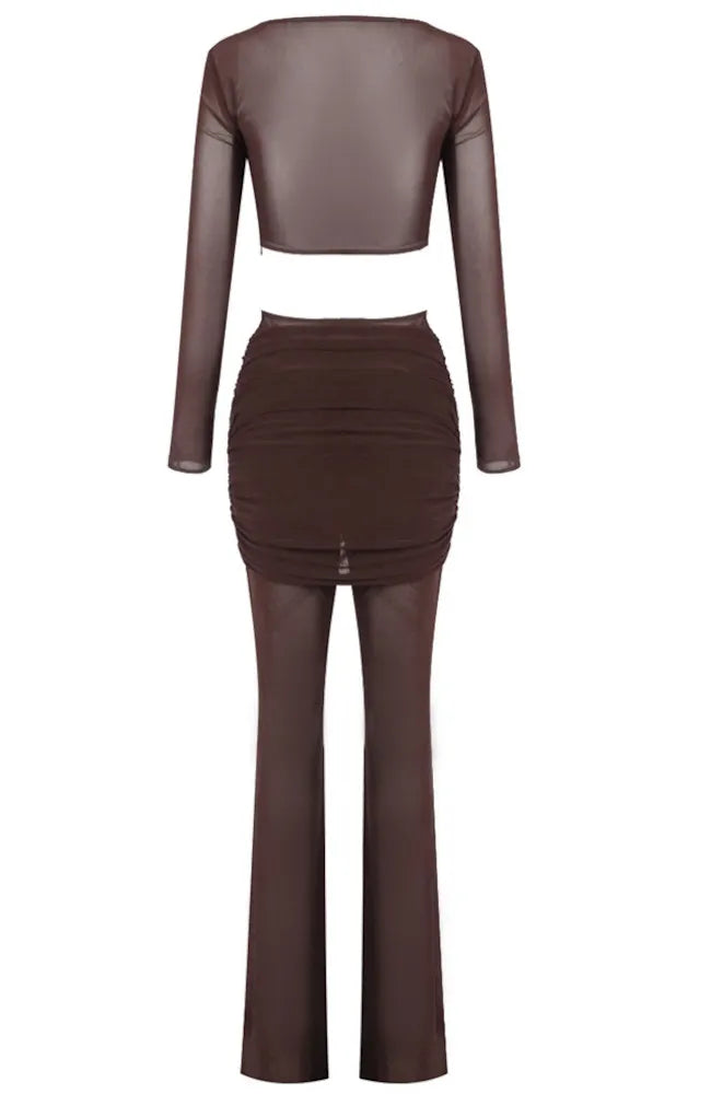 Long Sleeve Mesh Insert Two Piece Jumpsuit Brown