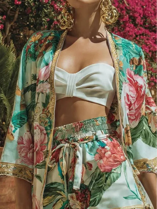 Tropical-Style Satin Floral Two-Piece Vacation Set