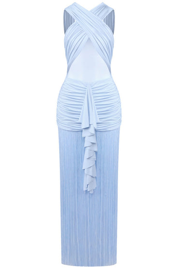 Draped Ruffle Tassel Maxi Dress Blue