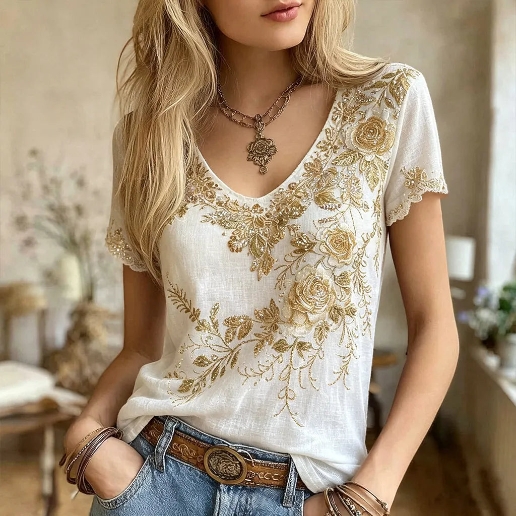 Women's Retro Floral Embroidery V-neck T-shirt
