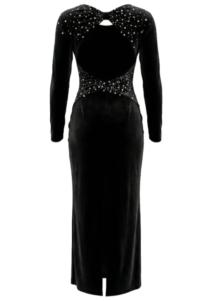 Long Sleeve Crystal Backless Maxi Velvet Dress Black