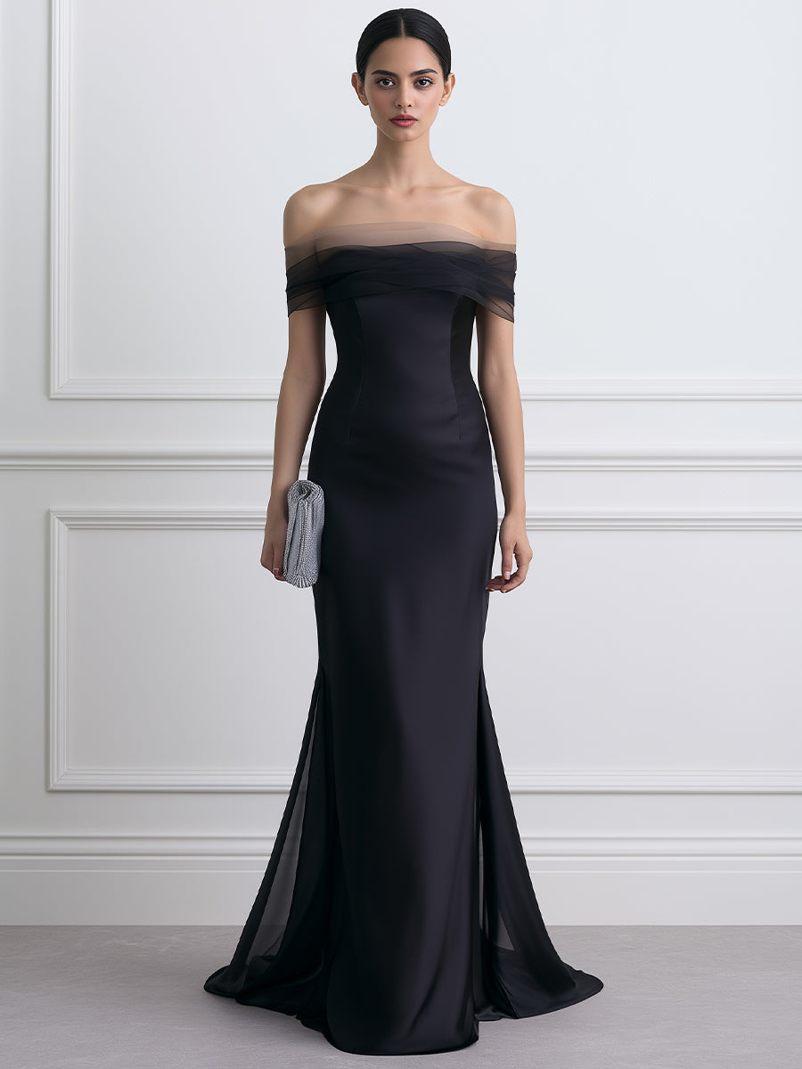Off Shoulder Tulle Trim Satin Mermaid Evening Gown